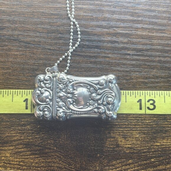 Antique Sterling Silver Repoussé Scroll Design Match Box Pendant 30" Ball & Pin - Picture 14 of 16